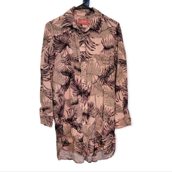 Maaji Pink Palm Leaf Button Down Long Sleeve Tunic Blouse Size Small - Picture 1 of 7